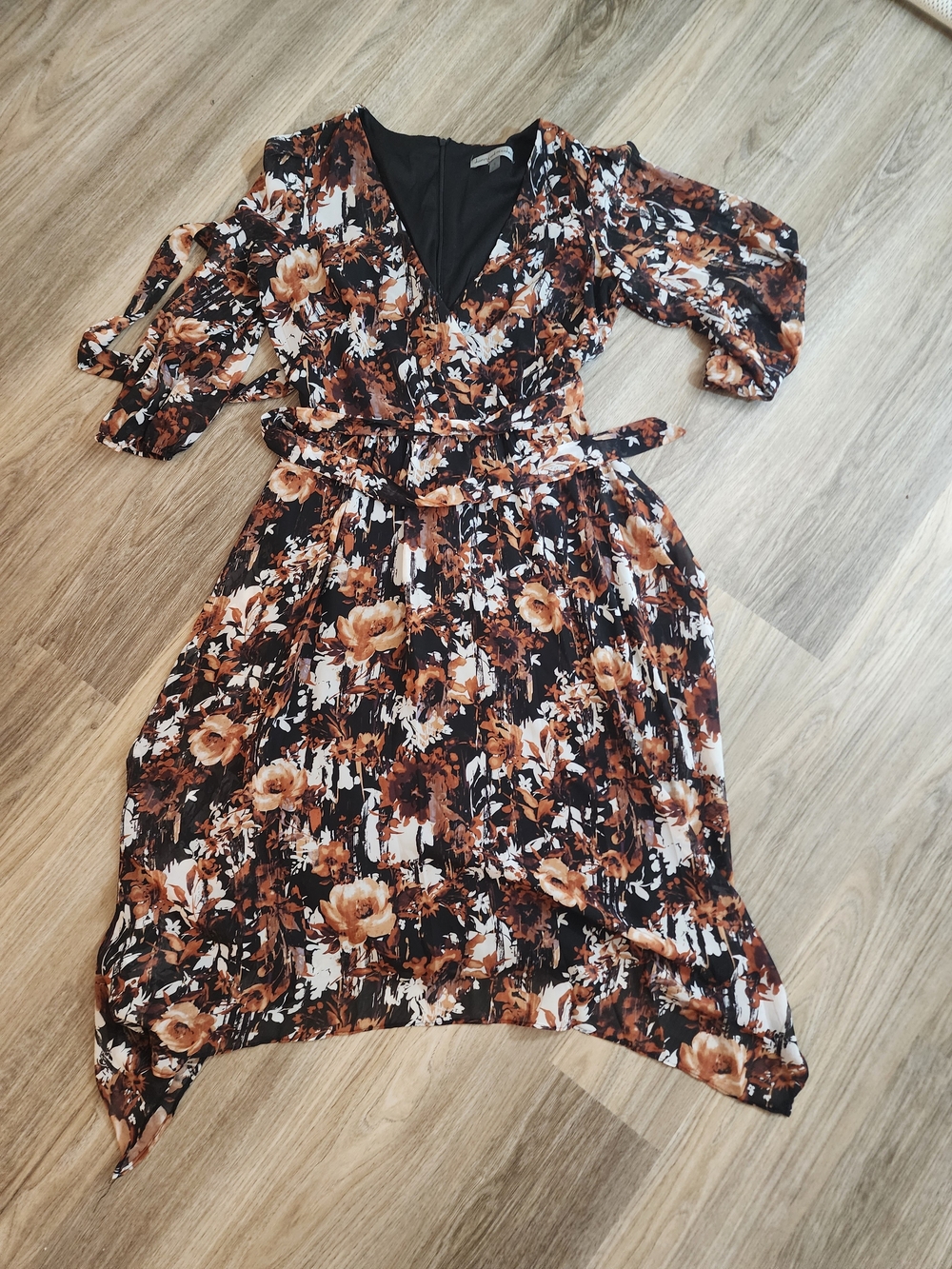 Danny & Nicole Brown and Black Floral Wrap Midi Dress